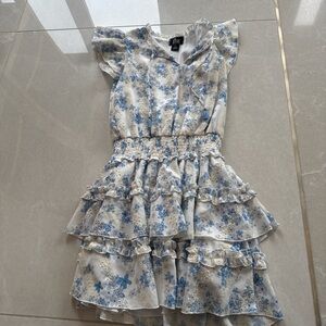 Blue & White Floral Ruffle Tiered Kids Dress by Lux